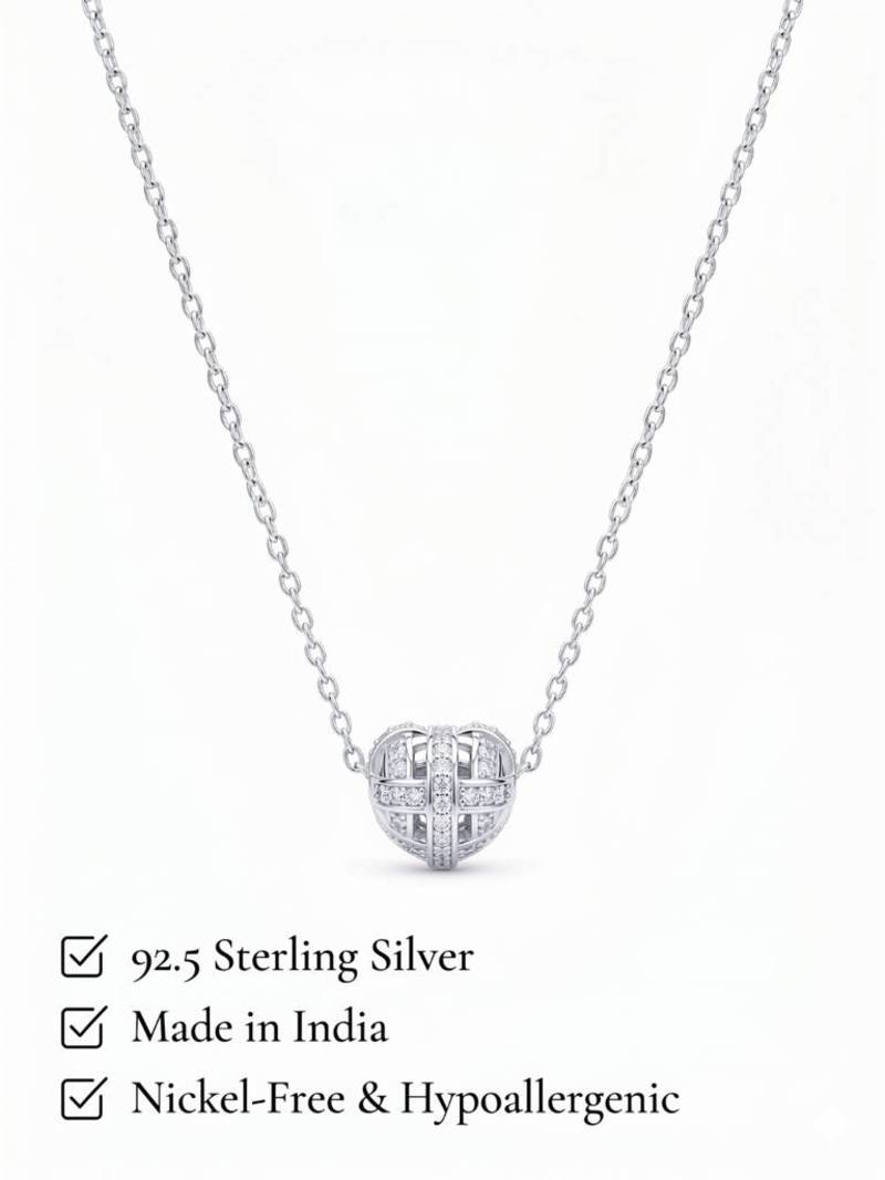 925 Sterling Silver Rhodium Plated Openwork Heart CZ Pendant Necklace Set  for Women