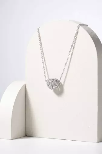 925 Sterling Silver Rhodium Plated Openwork Heart CZ Pendant Necklace Set  for Women