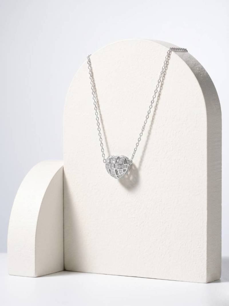 925 Sterling Silver Rhodium Plated Openwork Heart CZ Pendant Necklace Set  for Women