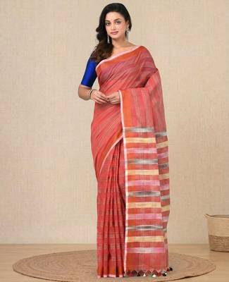 red stripes cotton blend handspun soft saree 1
