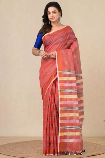 red stripes cotton blend handspun soft saree