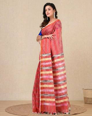 red stripes cotton blend handspun soft saree 2
