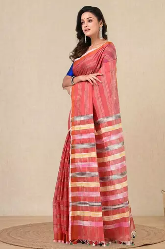 red stripes cotton blend handspun soft saree