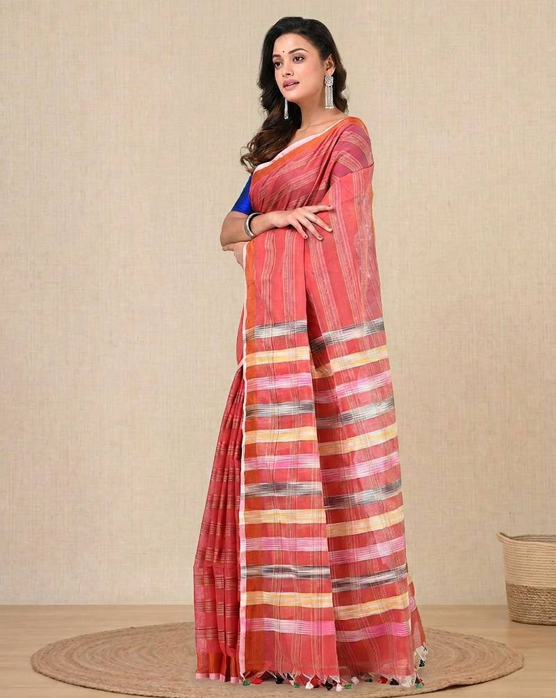 red stripes cotton blend handspun soft saree