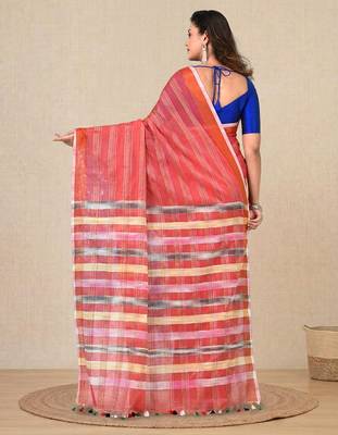 red stripes cotton blend handspun soft saree 3