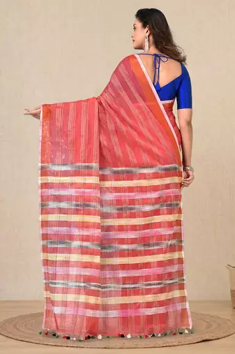 red stripes cotton blend handspun soft saree
