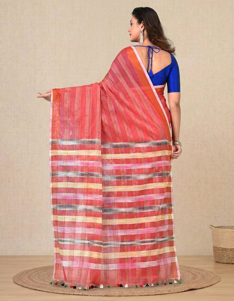 red stripes cotton blend handspun soft saree