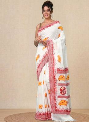 off white printed cotton blend handspun soft saree 1