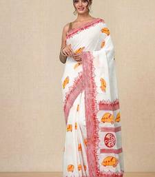 off white printed cotton blend handspun soft saree