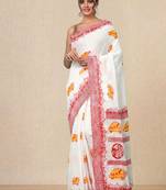 off white printed cotton blend handspun soft saree