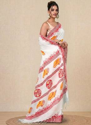 off white printed cotton blend handspun soft saree 2