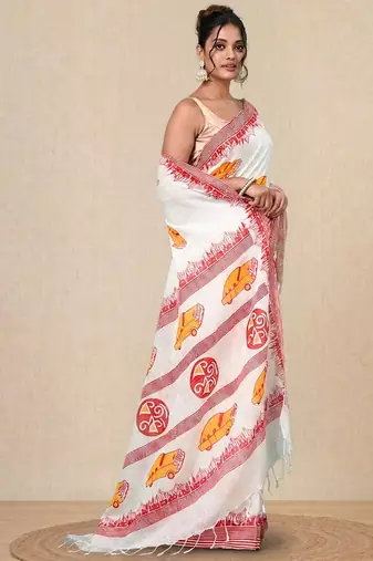 off white printed cotton blend handspun soft saree