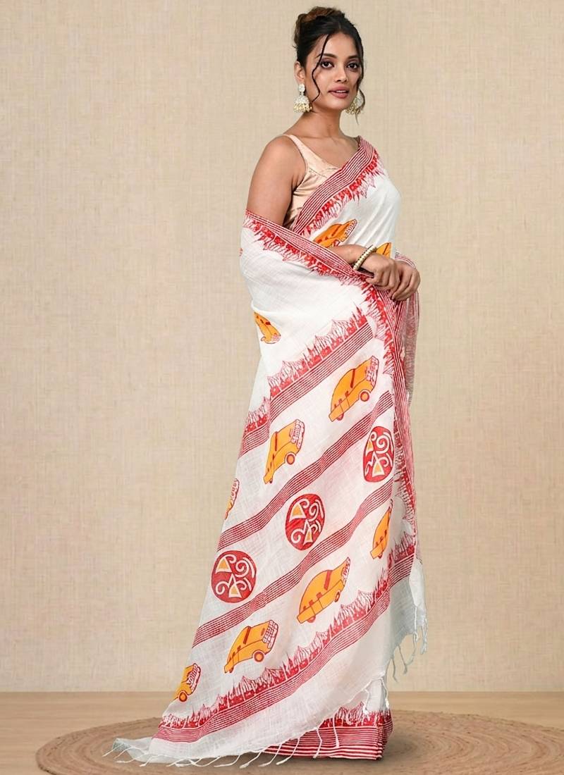 off white printed cotton blend handspun soft saree