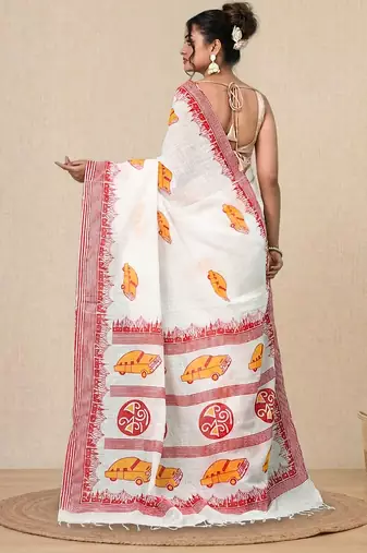off white printed cotton blend handspun soft saree