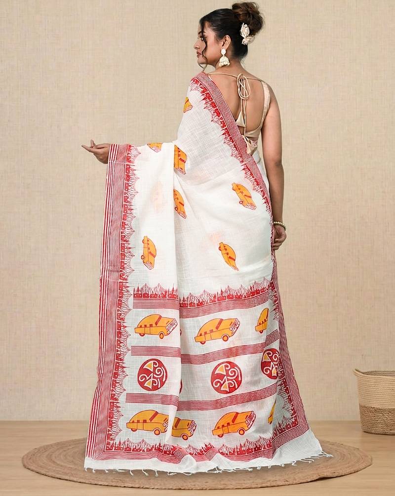 off white printed cotton blend handspun soft saree