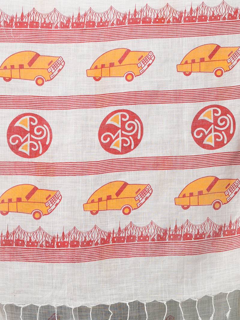 off white printed cotton blend handspun soft saree