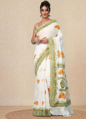 off white printed cotton blend handspun soft saree 1