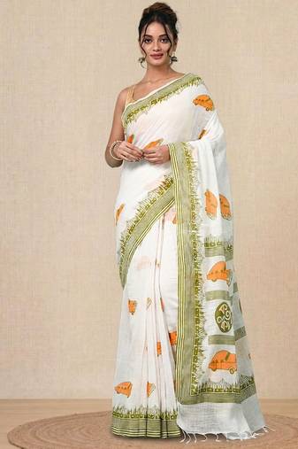 off white printed cotton blend handspun soft saree