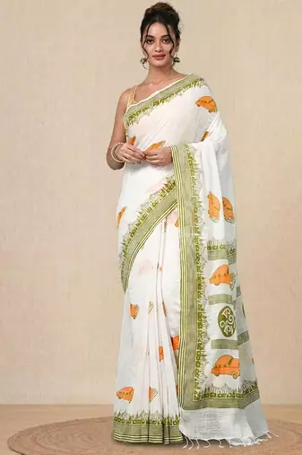off white printed cotton blend handspun soft saree