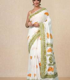 off white printed cotton blend handspun soft saree