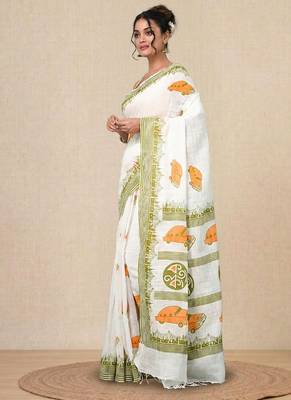 off white printed cotton blend handspun soft saree 2