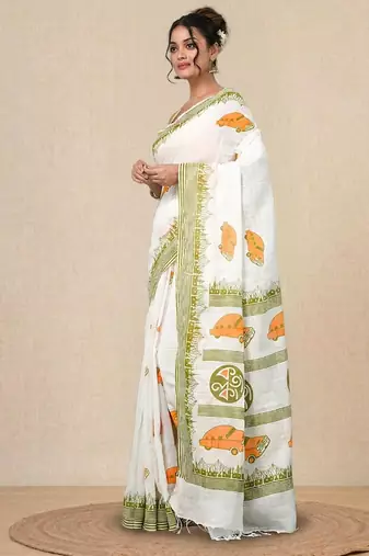 off white printed cotton blend handspun soft saree