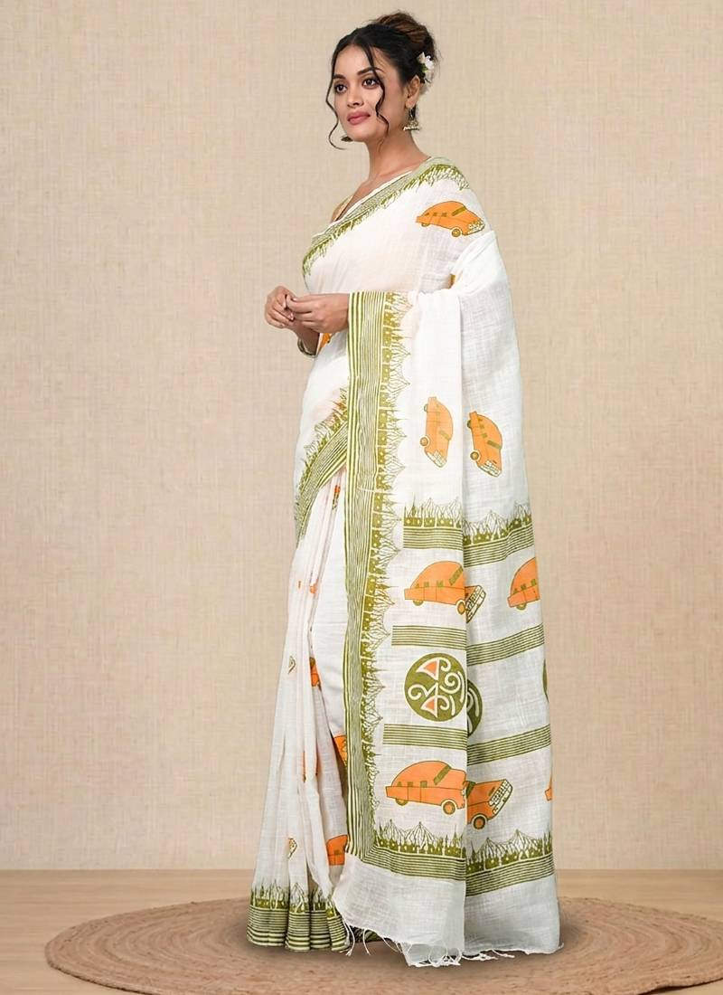 off white printed cotton blend handspun soft saree