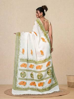 off white printed cotton blend handspun soft saree 3