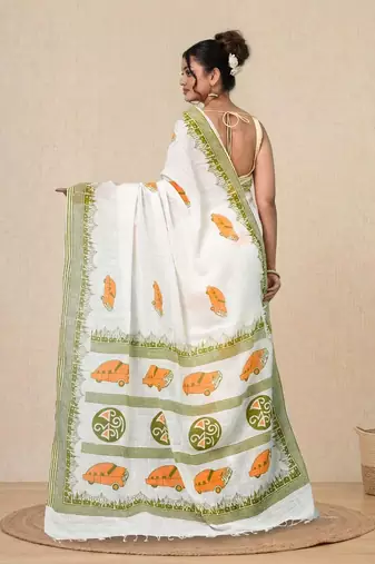 off white printed cotton blend handspun soft saree