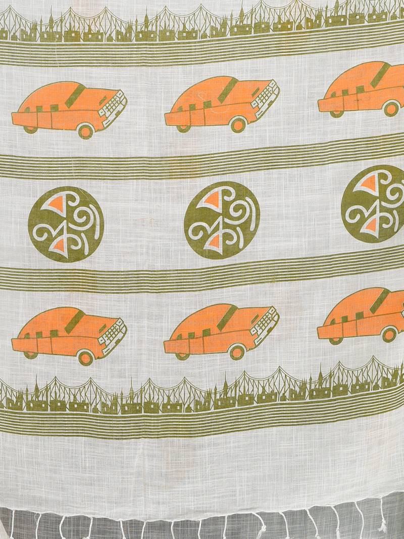 off white printed cotton blend handspun soft saree