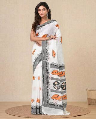 white printed cotton blend handspun soft saree 1