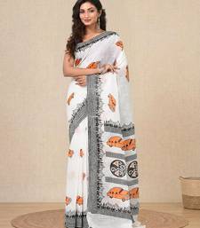 white printed cotton blend handspun soft saree