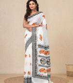 white printed cotton blend handspun soft saree