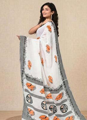 white printed cotton blend handspun soft saree 2