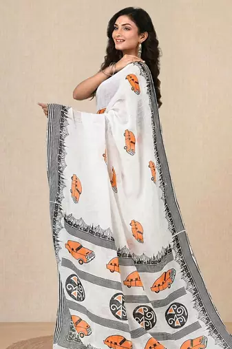 white printed cotton blend handspun soft saree