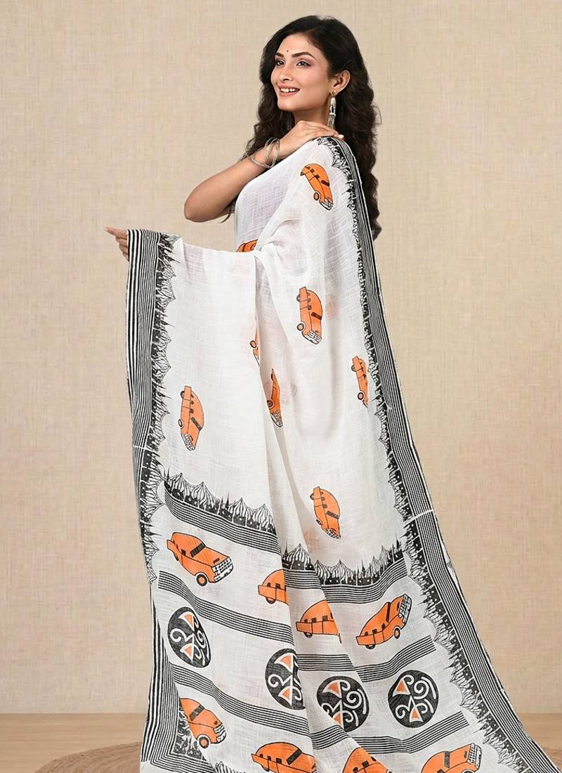 white printed cotton blend handspun soft saree