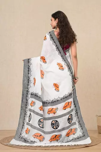 white printed cotton blend handspun soft saree