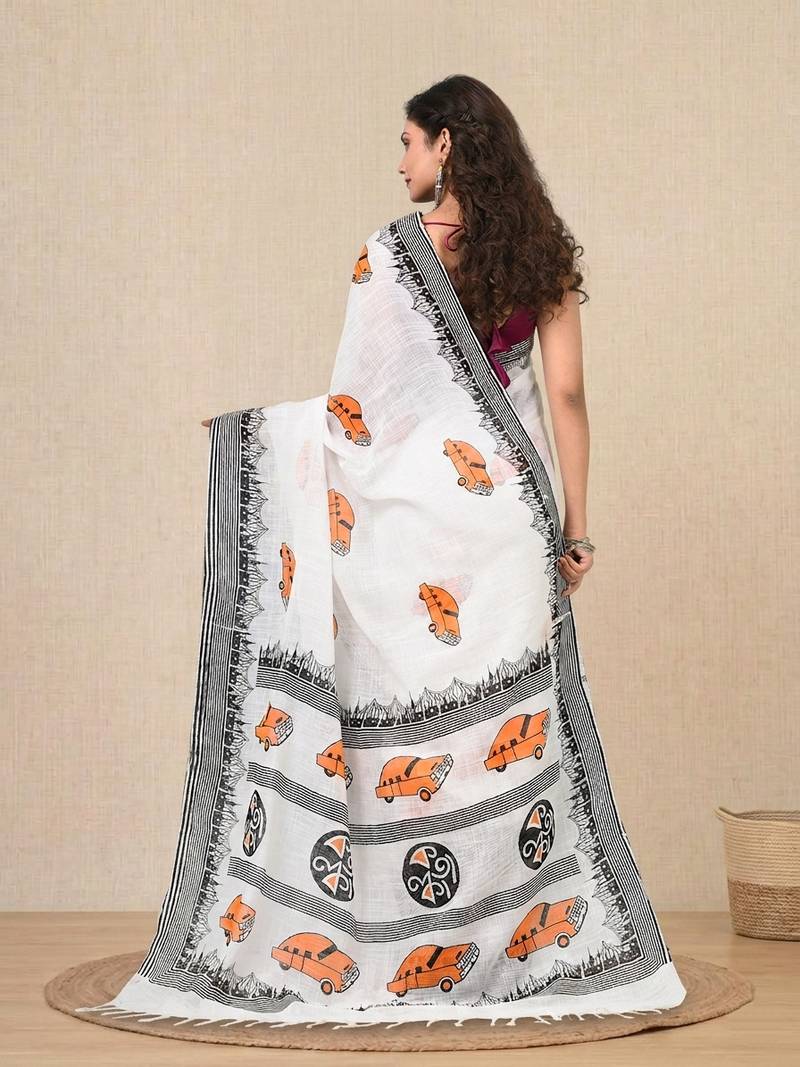 white printed cotton blend handspun soft saree