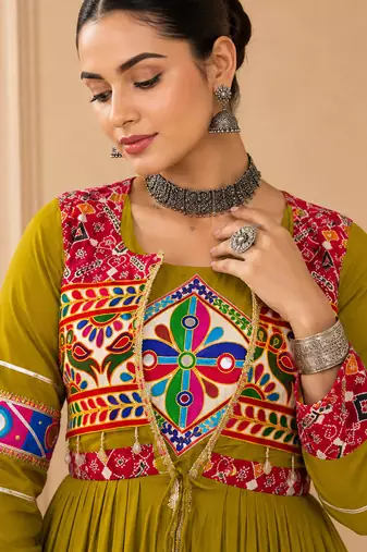 Mustard Cotton Gamthi Work Lehenga Choli with Koti