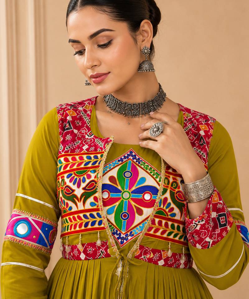 Mustard Cotton Gamthi Work Lehenga Choli with Koti