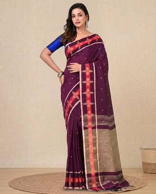 purple ethnic motifs cotton blend handspun soft saree 1