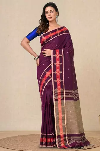 purple ethnic motifs cotton blend handspun soft saree