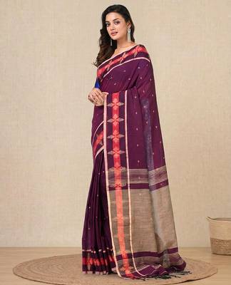 purple ethnic motifs cotton blend handspun soft saree 2