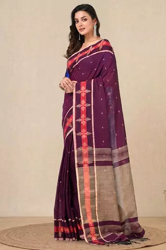 purple ethnic motifs cotton blend handspun soft saree
