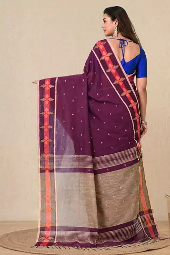 purple ethnic motifs cotton blend handspun soft saree