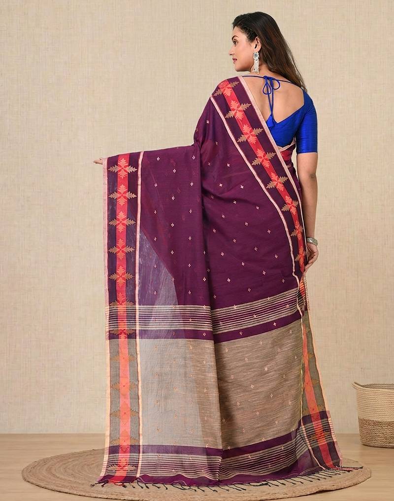 purple ethnic motifs cotton blend handspun soft saree