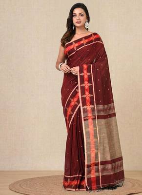 red ethnic motifs cotton blend handspun soft saree 1