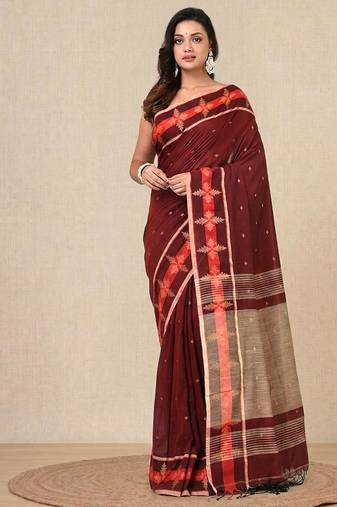 red ethnic motifs cotton blend handspun soft saree