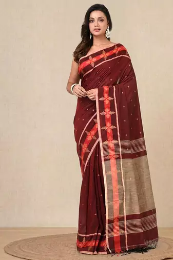 red ethnic motifs cotton blend handspun soft saree