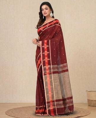 red ethnic motifs cotton blend handspun soft saree 2